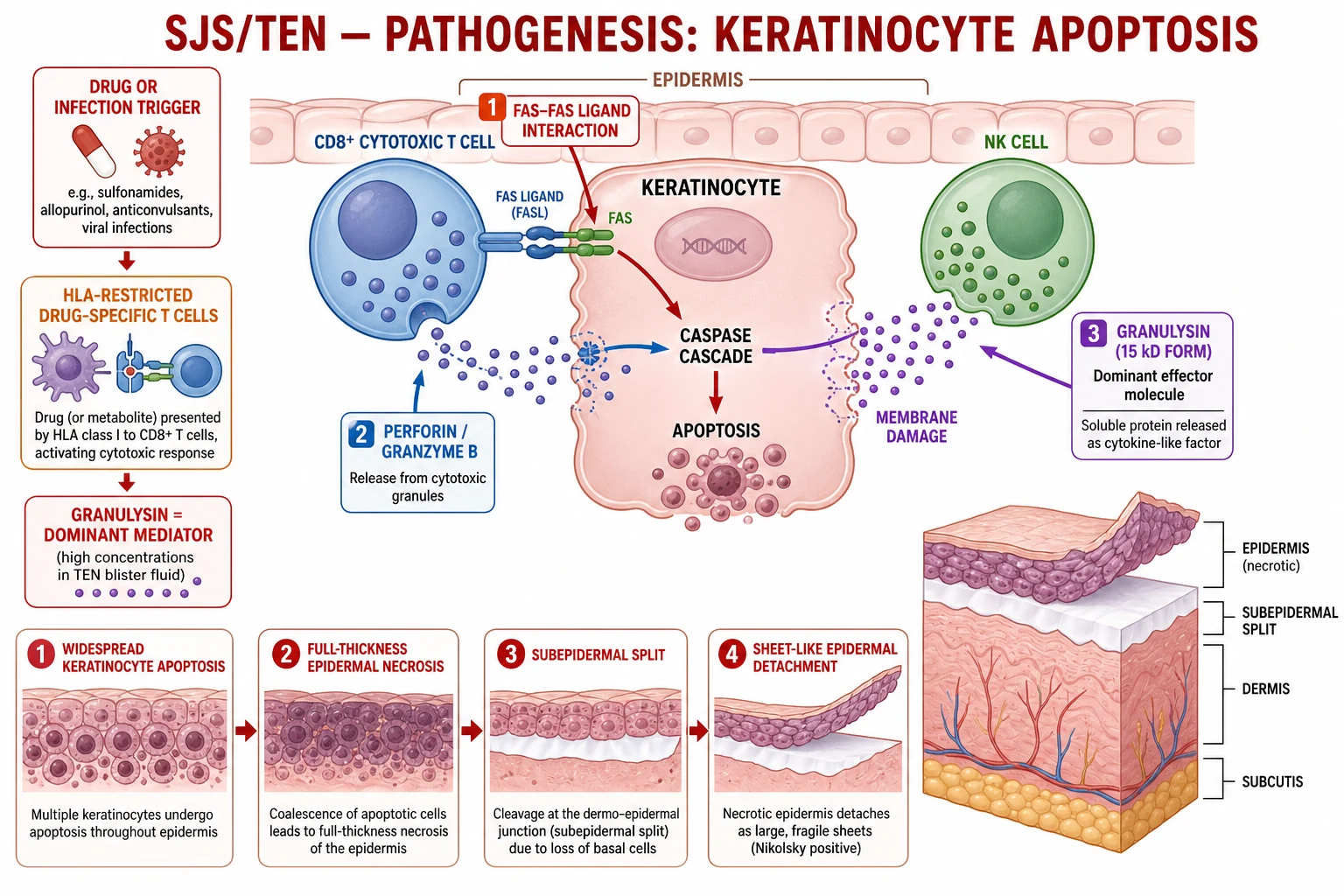 Diagram of cytotoxic T cell and NK cell mediated keratinocyte apoptosis via Fas-FasL, perforin/granzyme B and granulysin, producing full-thickness epidermal necrosis