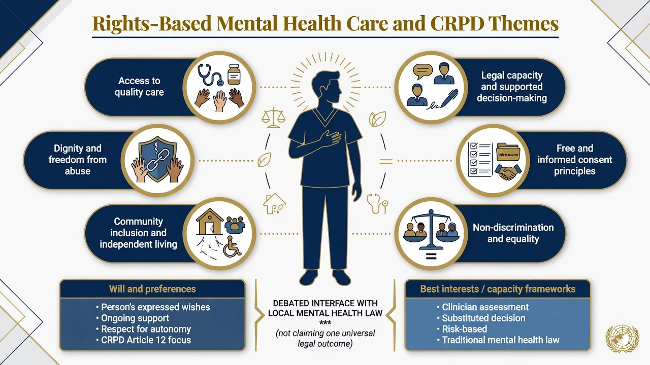 Rights-based mental health care themes including dignity, community inclusion, legal capacity support, consent principles, and debated interface with local mental health law