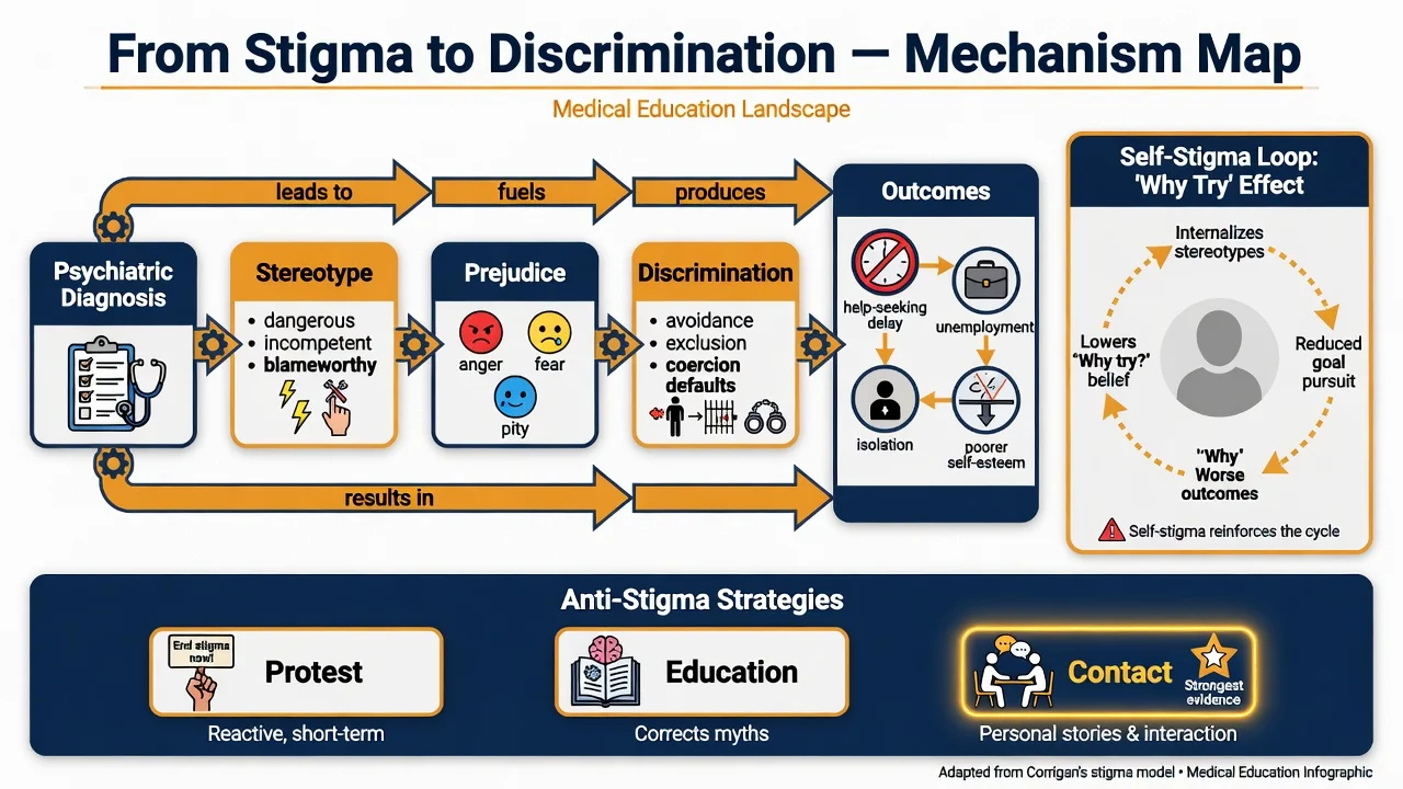 Mechanism map from psychiatric diagnosis through stereotype, prejudice and discrimination to outcomes, with protest education and contact anti-stigma strategies