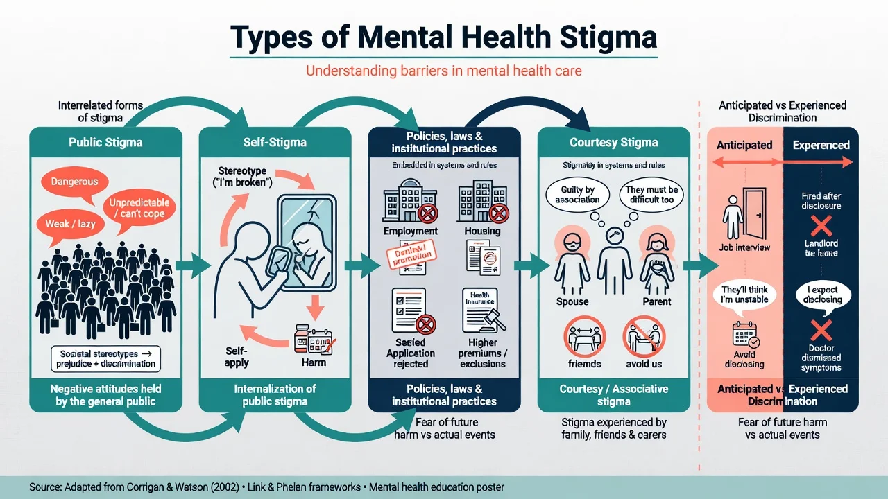 Educational diagram of public stigma, self-stigma, structural stigma, courtesy stigma, and anticipated versus experienced discrimination