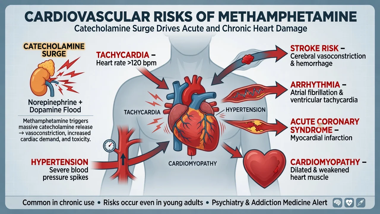 Cardiovascular complications of methamphetamine including ACS cardiomyopathy arrhythmia and stroke risk
