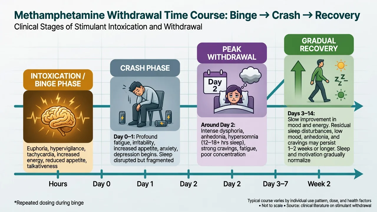 Timeline of methamphetamine binge, crash and withdrawal recovery phases