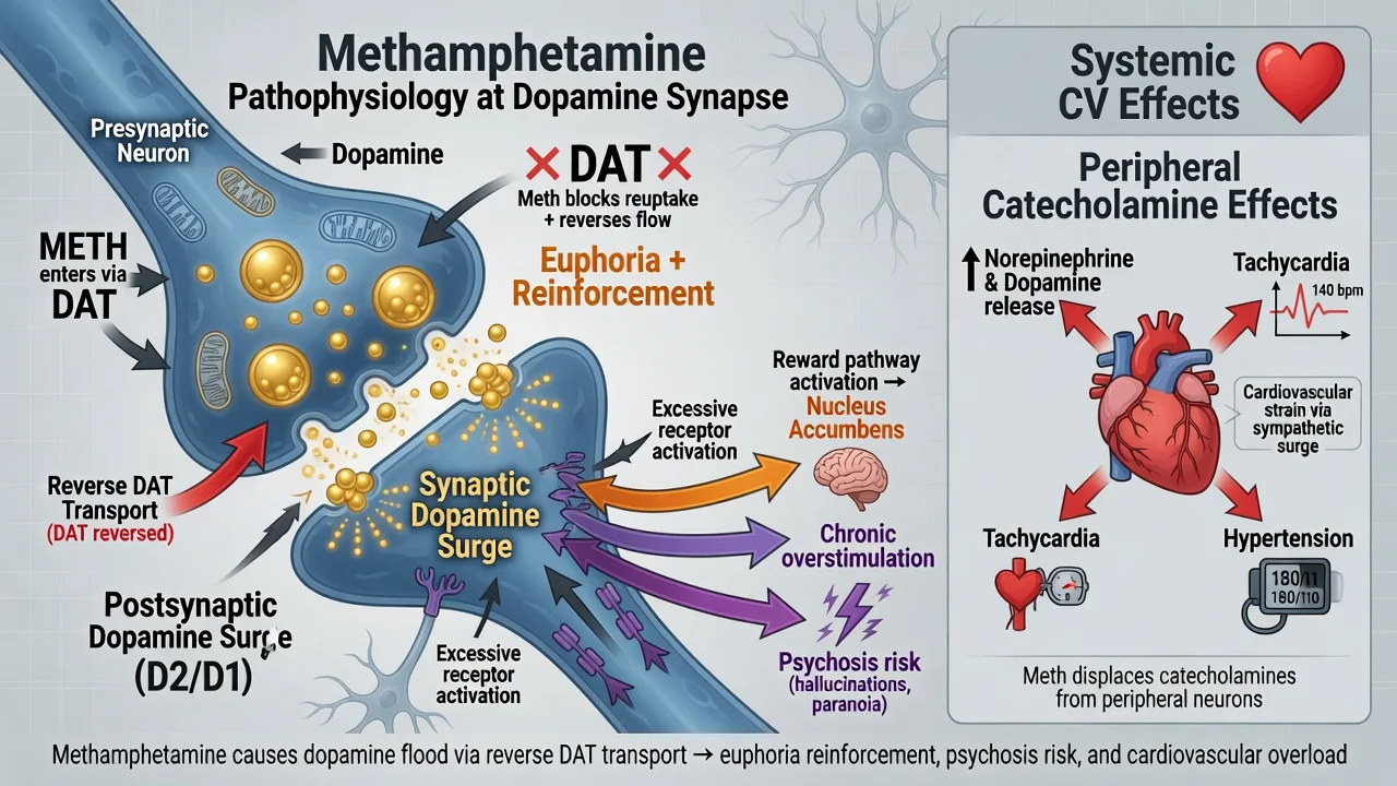 Methamphetamine action at the dopamine synapse and peripheral catecholamine cardiovascular effects