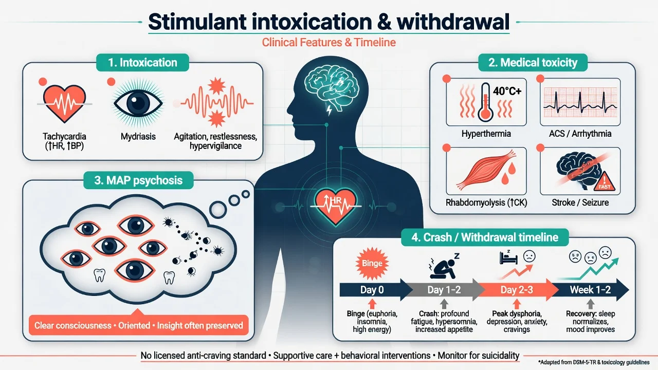Overview of stimulant intoxication, medical toxicity, MAP and crash withdrawal timeline