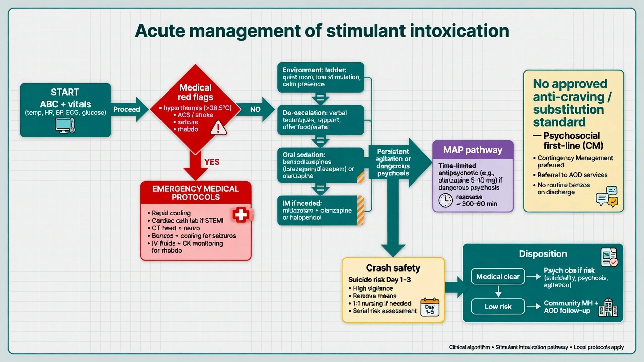 Acute management algorithm for stimulant intoxication including medical red flags MAP pathway and crash safety