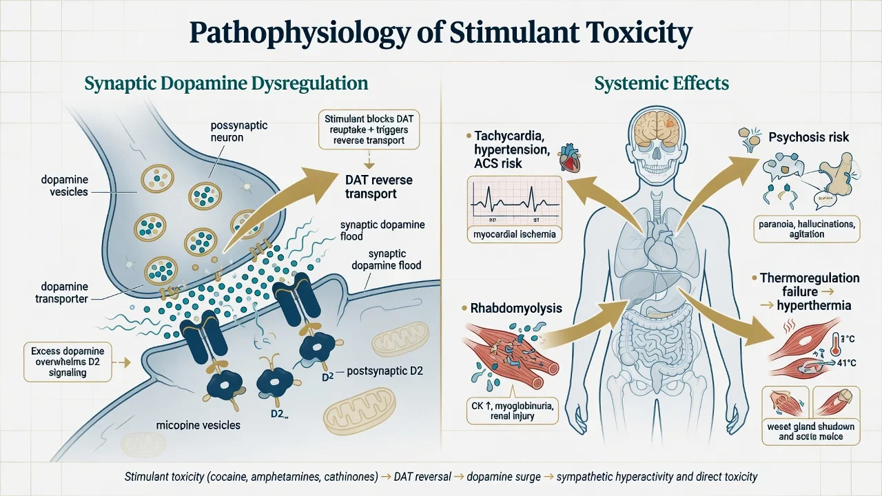 Synaptic dopamine reverse transport and systemic catecholamine toxicity from stimulants