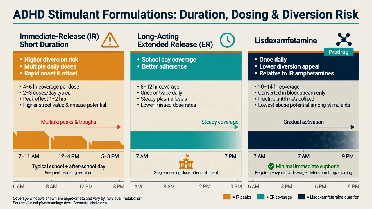 Immediate-release versus long-acting versus prodrug coverage windows for ADHD medicines
