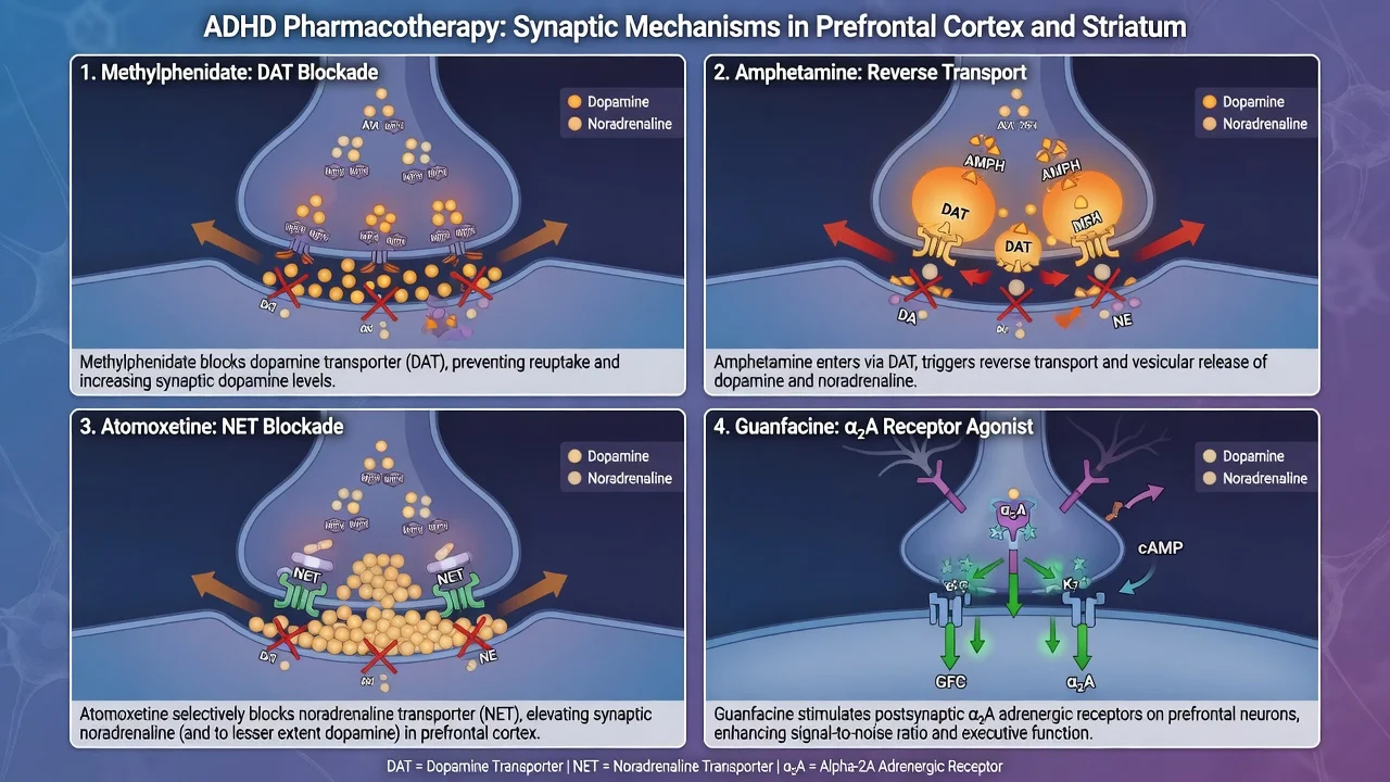 Synaptic mechanisms of methylphenidate, amphetamines, atomoxetine and guanfacine