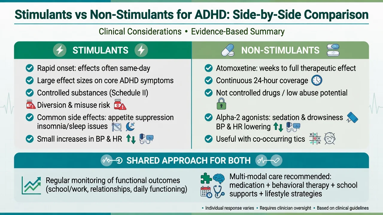Side-by-side comparison of stimulant and non-stimulant risk-benefit profiles