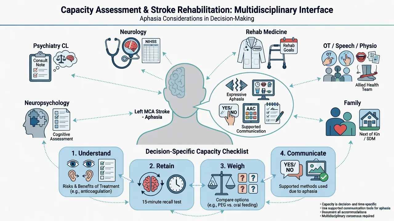 Multidisciplinary stroke rehab team with capacity assessment elements and communication support