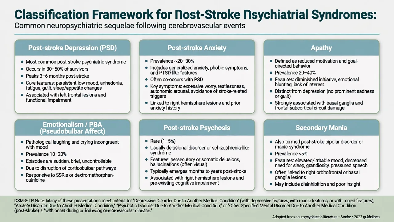 Classification panels of post-stroke psychiatric syndromes including PSD anxiety apathy emotionalism psychosis