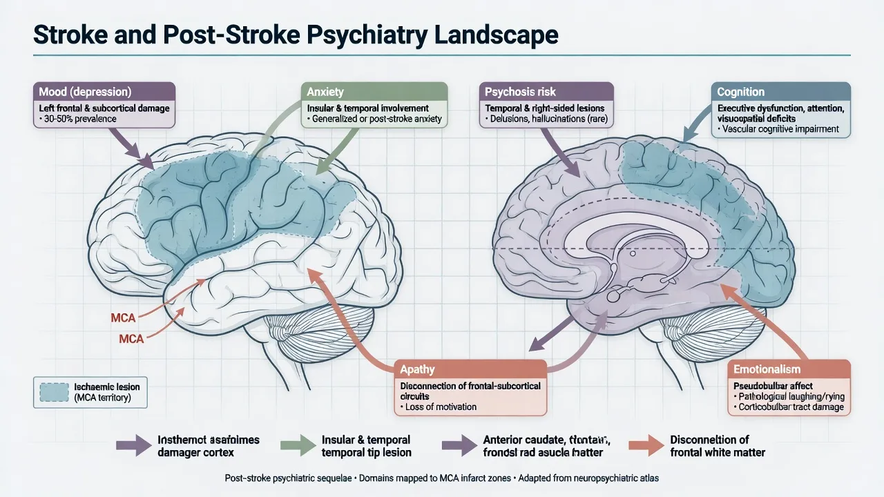 Educational illustration of brain networks and psychiatric domains after stroke