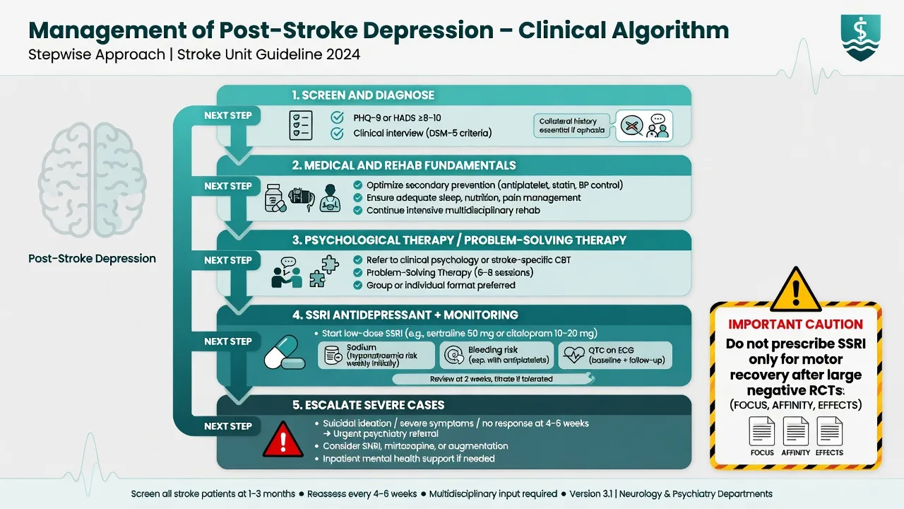 Stepwise management algorithm for post-stroke depression from screening through SSRI and escalation
