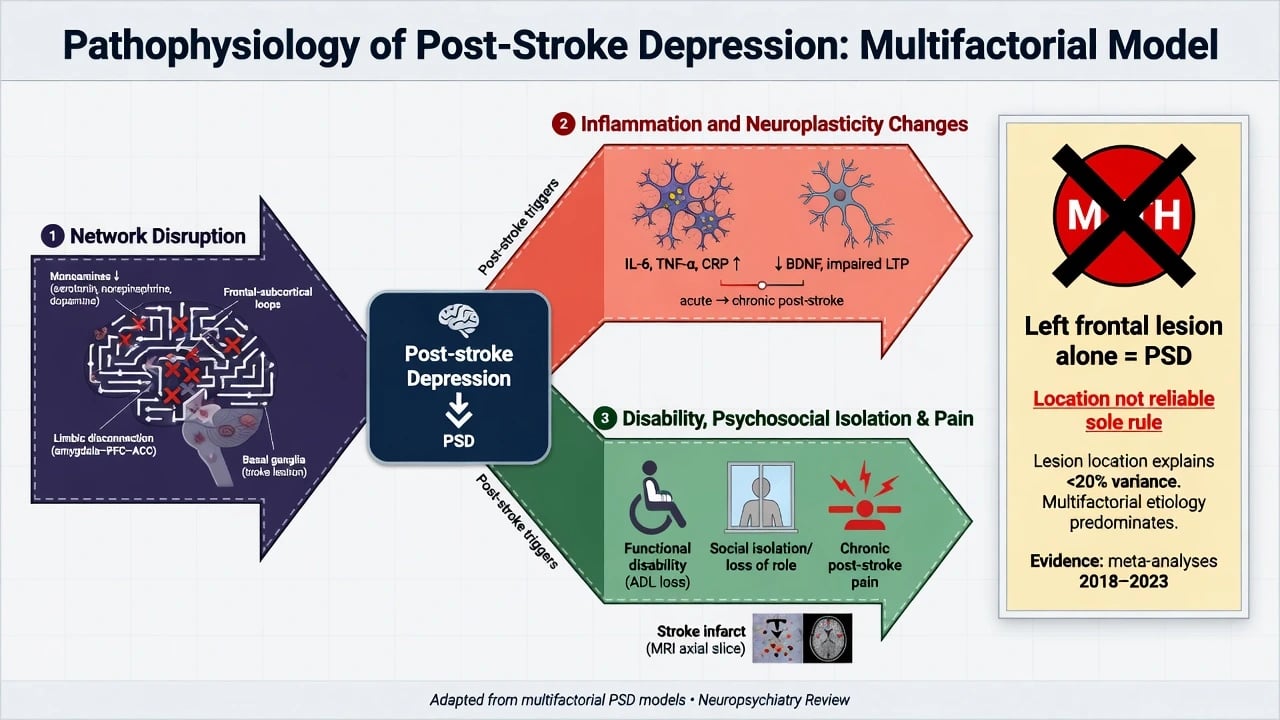 Multifactorial model of post-stroke depression with network, inflammatory, and psychosocial pathways and location myth caution