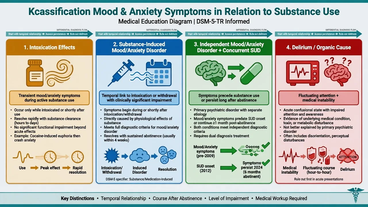 Four-panel classification of intoxication effects, substance-induced mood or anxiety disorder, independent mood or anxiety with concurrent substance use, and delirium with affective features