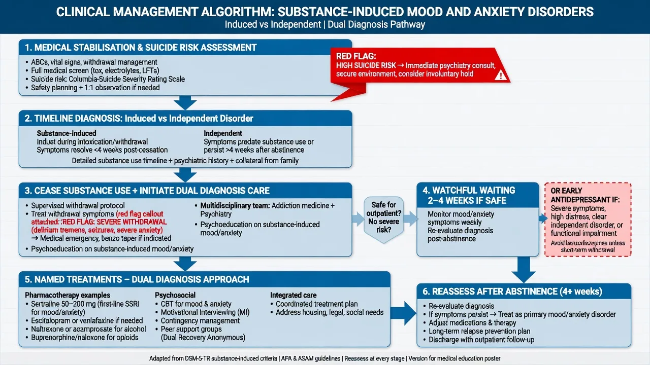 Stepwise management algorithm from medical stabilisation and suicide risk through timeline diagnosis to dual-diagnosis treatment and reassessment