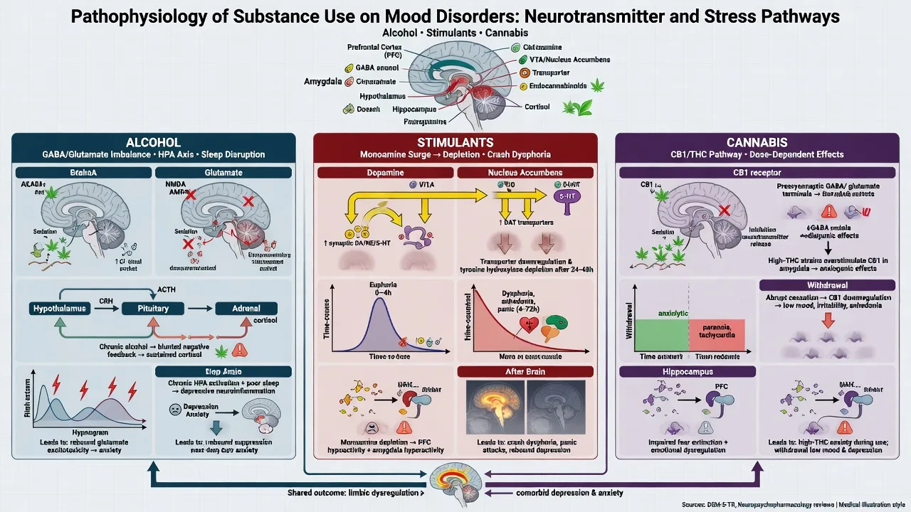 Pathophysiology columns for alcohol, stimulants and cannabis linking neuroadaptation to depression and anxiety phenotypes