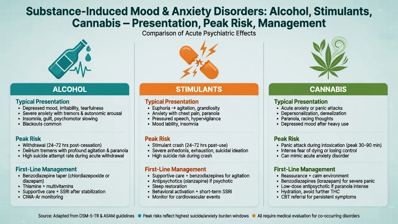Three-column clinical profiles for alcohol, stimulant and cannabis induced mood and anxiety presentations with risk and first-line management