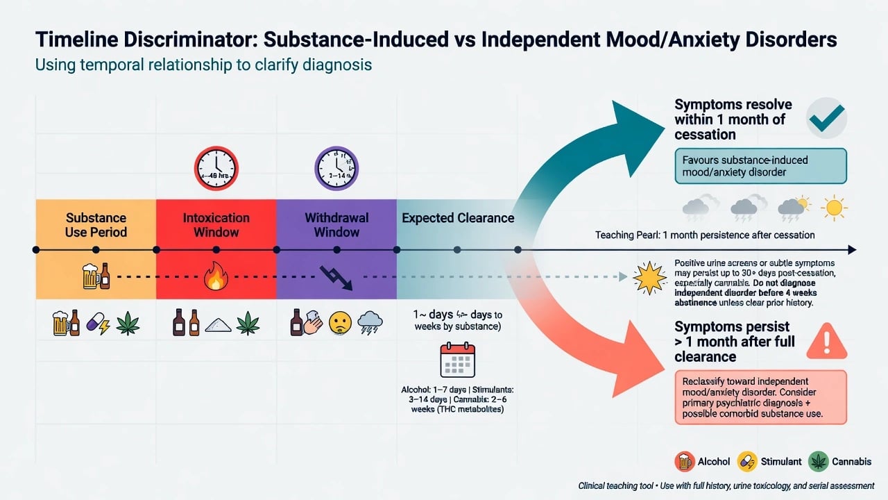 Timeline discriminator showing intoxication and withdrawal windows and reclassification when mood or anxiety persists after abstinence