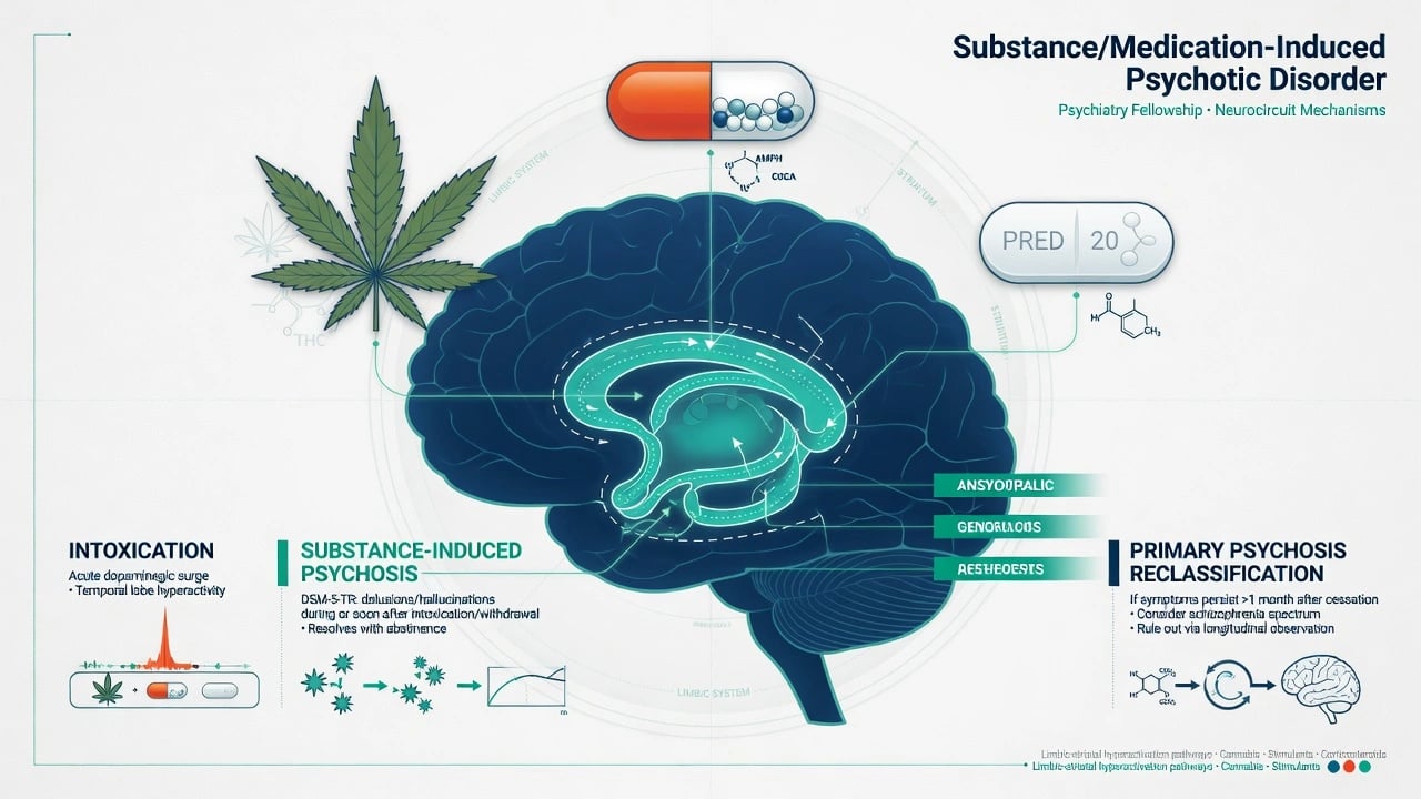 Four-panel classification of intoxication, substance-induced psychosis, primary psychosis with comorbidity, and delirium with psychotic features