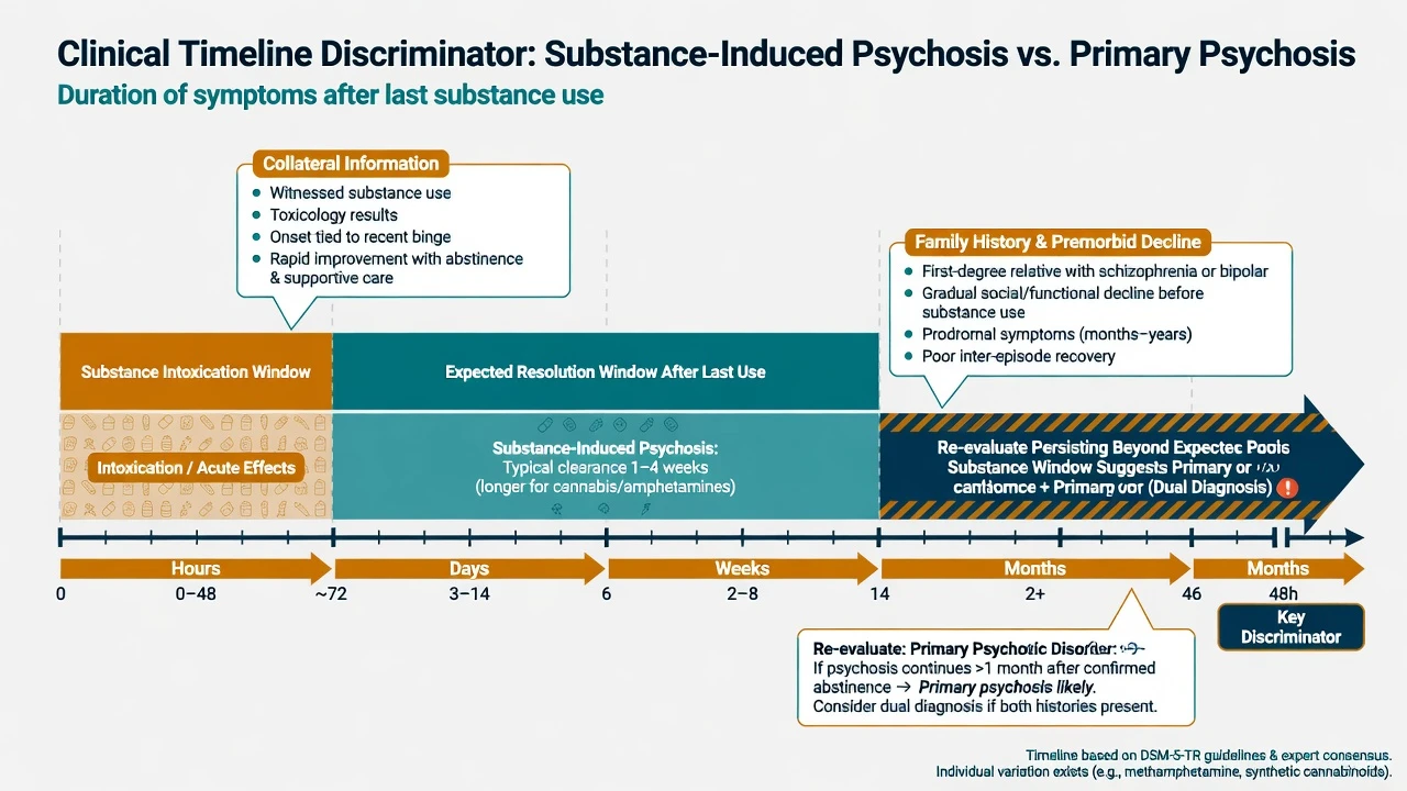 Timeline diagram discriminating substance-induced psychosis from primary psychosis based on expected substance window and persistence after abstinence