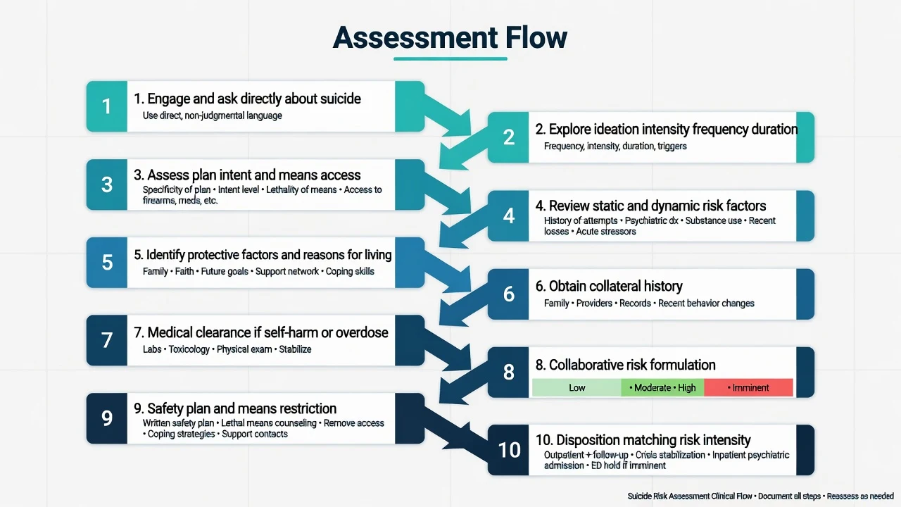 Stepwise clinical flowchart of suicide risk assessment from engagement through disposition