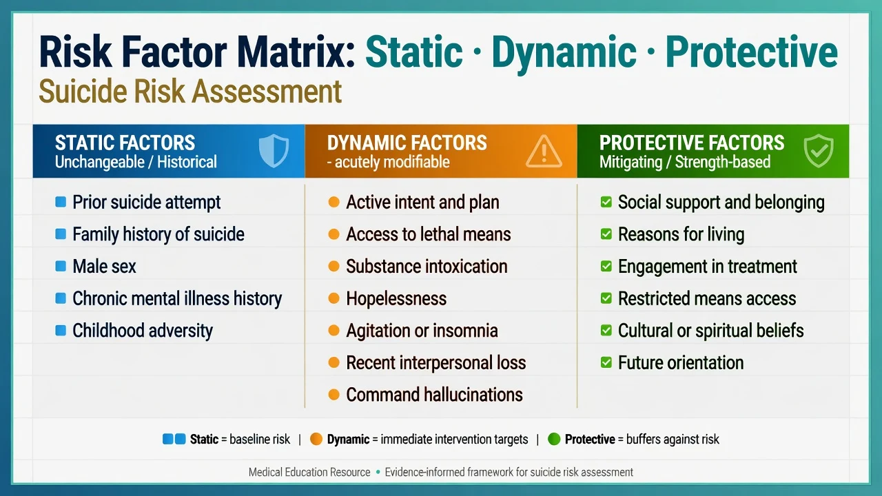 Three-column risk factor matrix showing static, dynamic, and protective factors for suicide risk assessment