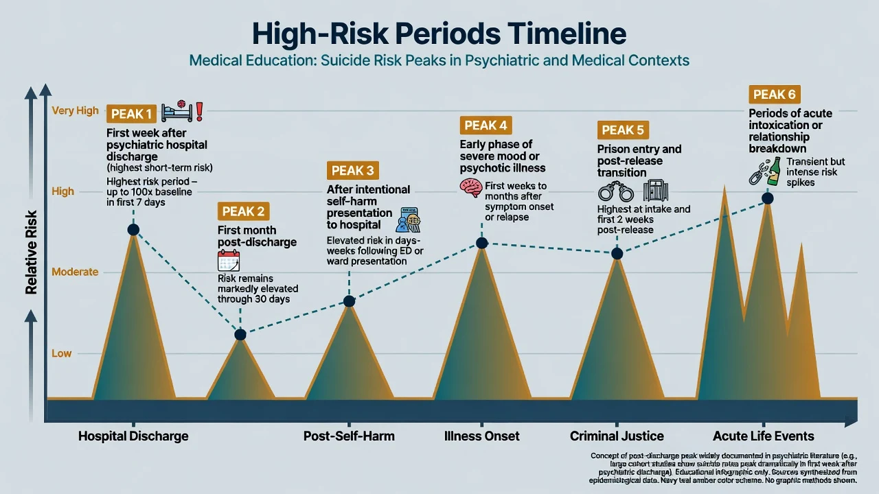 Timeline of high-risk periods including post-discharge, post-self-harm, early illness, and prison transitions