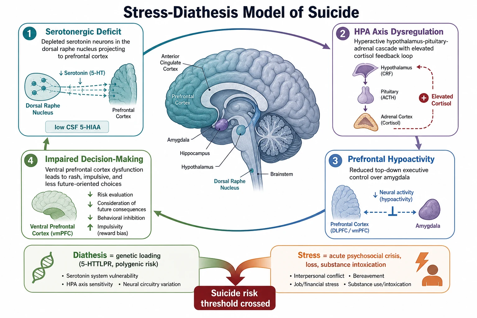 Stress-diathesis model of suicide showing serotonergic deficit, HPA dysregulation, prefrontal hypoactivity, and impaired decision-making