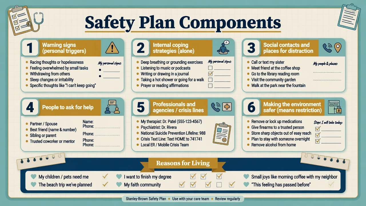 Six-component Stanley-Brown style safety plan with reasons for living banner