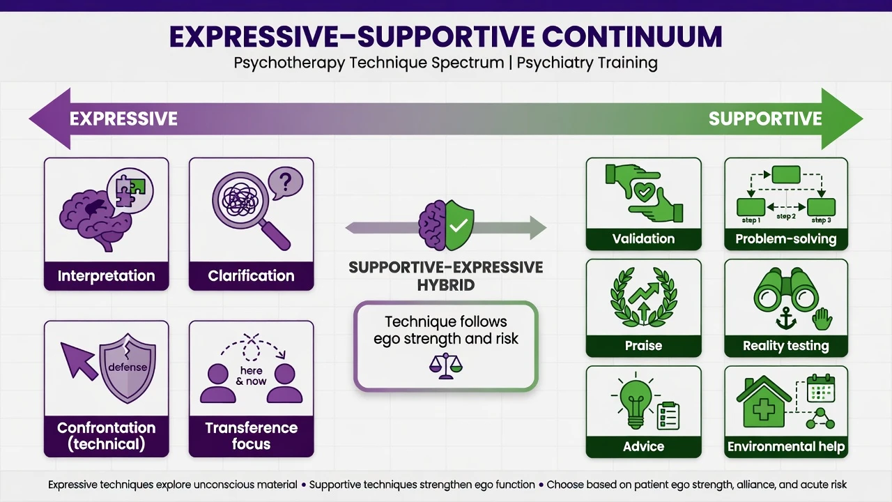 Labeled expressive to supportive continuum with technique icons for interpretation, clarification, validation, praise, advice, and environmental help