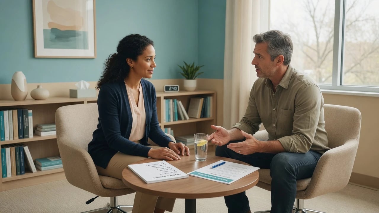 Clinician and patient in a calm consulting room collaboratively discussing a problem-solving worksheet