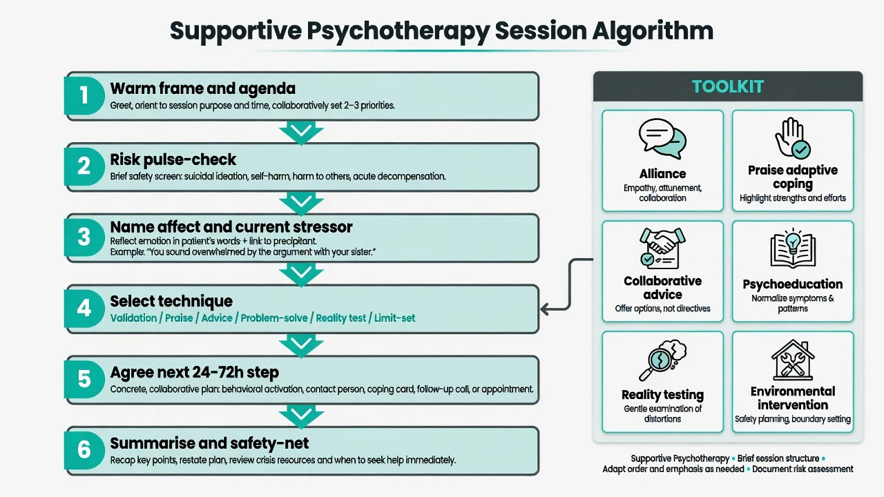 Six-step supportive psychotherapy session algorithm with toolkit panel of alliance, praise, advice, psychoeducation, reality testing, environmental intervention