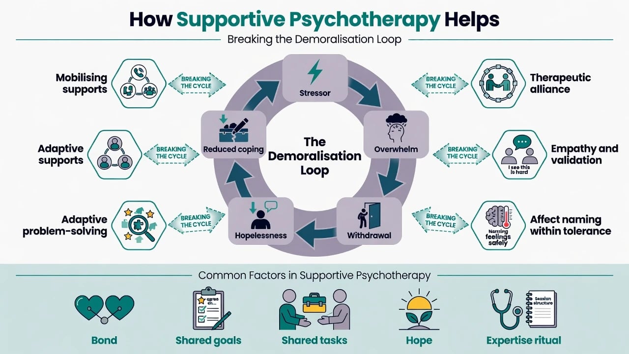 Diagram of demoralisation loop broken by alliance, validation, affect naming, problem-solving, and common factors