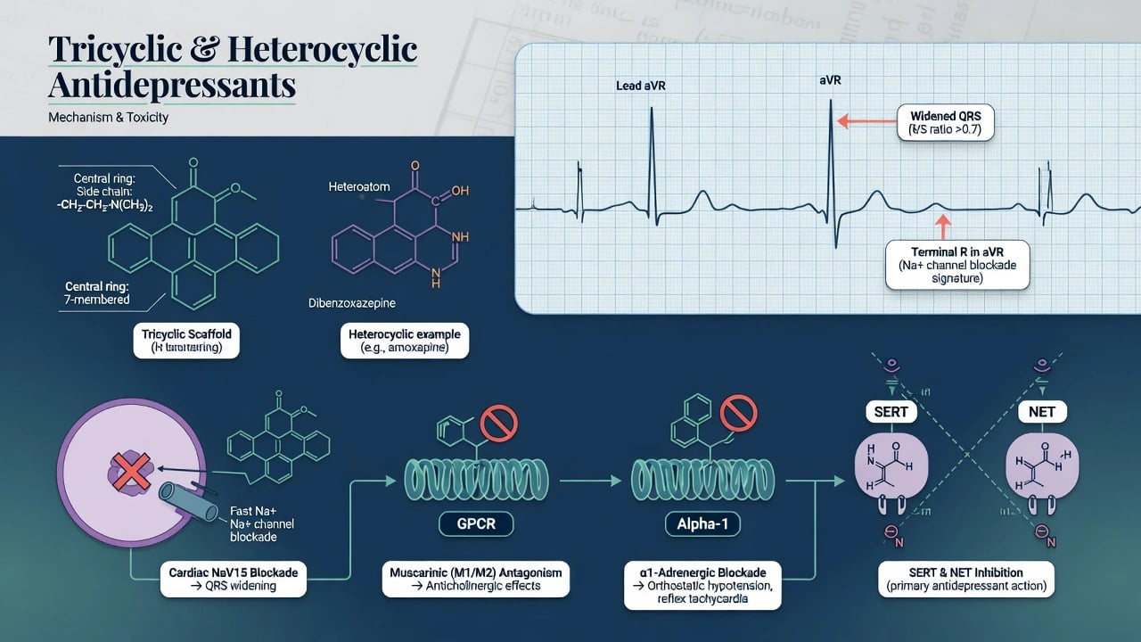 Educational poster of tricyclic scaffold with cardiac sodium channel, ECG wide QRS and receptor icons