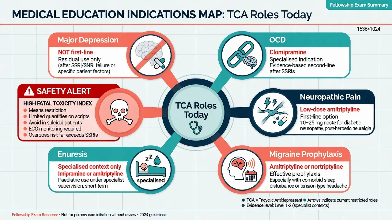Hub-and-spoke map of modern TCA clinical roles and fatal toxicity warning