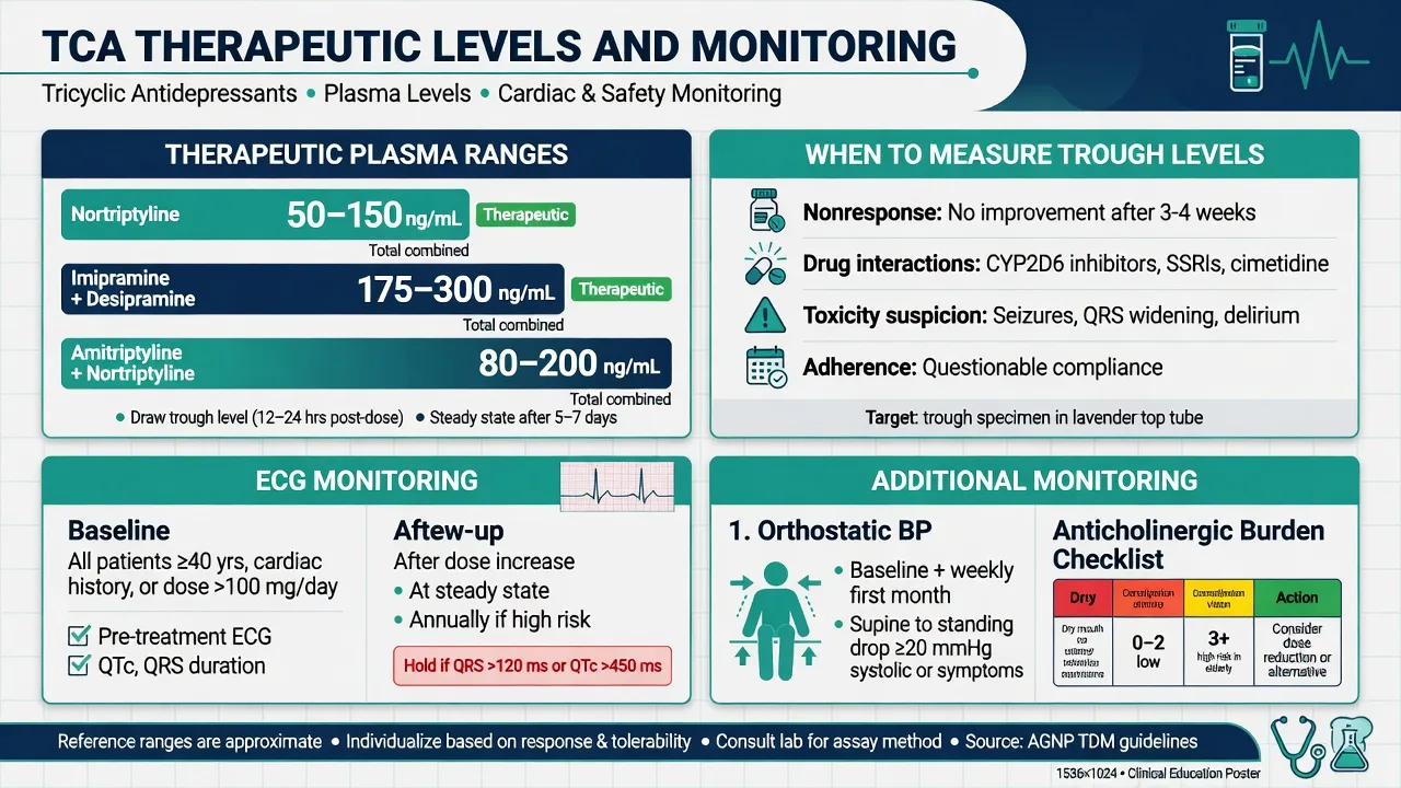 Therapeutic plasma ranges and monitoring checklist for TCAs