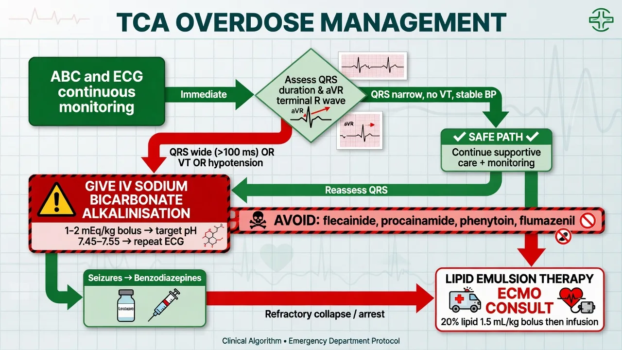 TCA overdose management algorithm with bicarbonate and avoid list