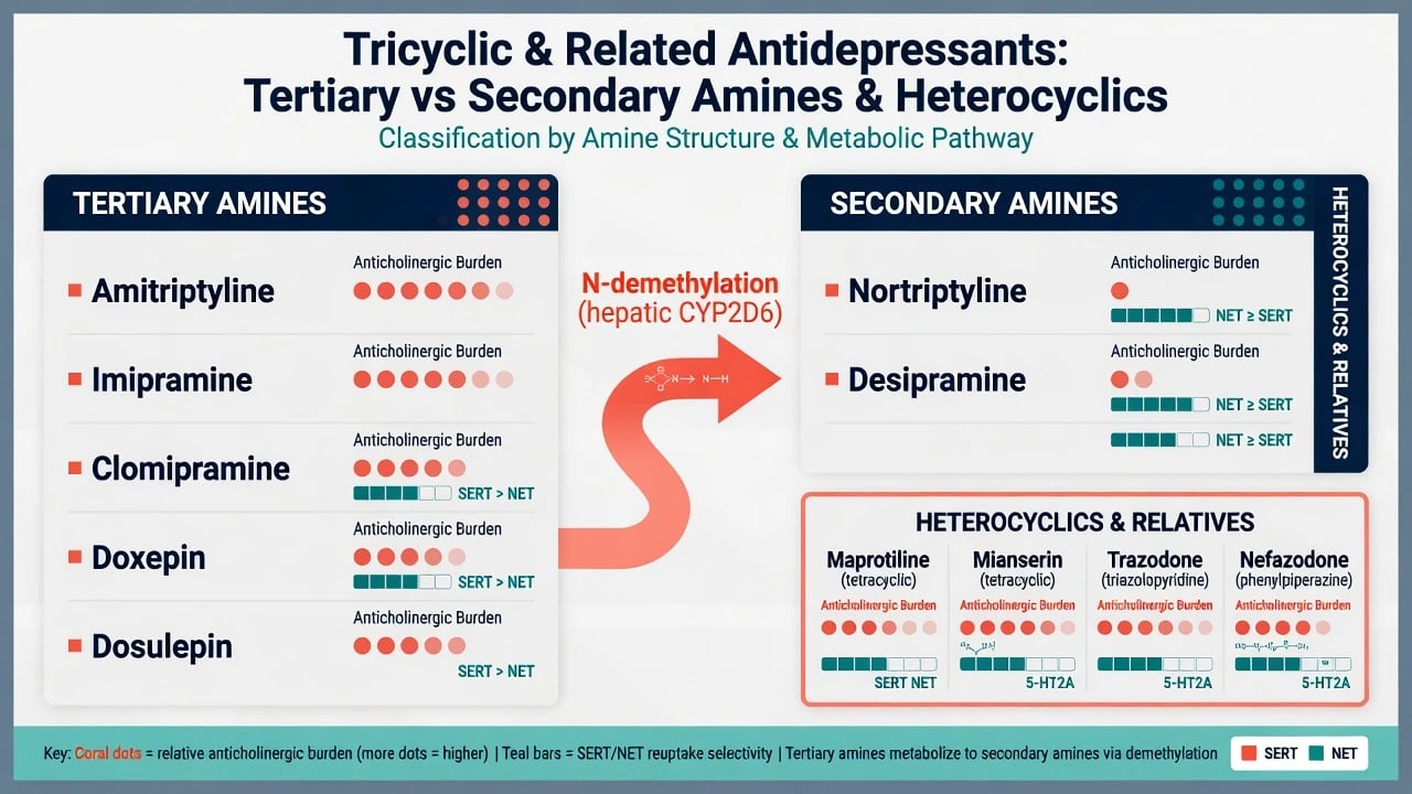 Four-panel TCA mechanism including SERT NET sodium channel muscarinic and alpha-1 effects