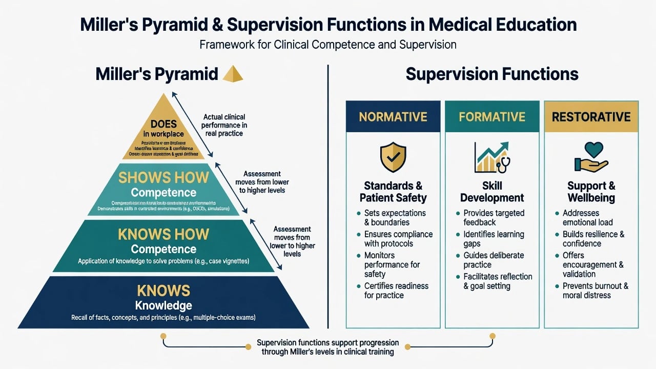 Educational diagram of Miller pyramid levels Knows, Knows how, Shows how, Does beside Proctor-style normative formative restorative supervision functions