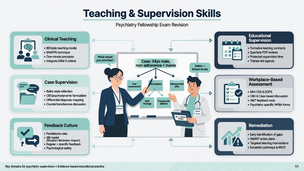 Educational overview infographic of teaching and supervision skills for psychiatrists with clinical teaching, educational supervision, case supervision, WBA, feedback culture, and remediation modules
