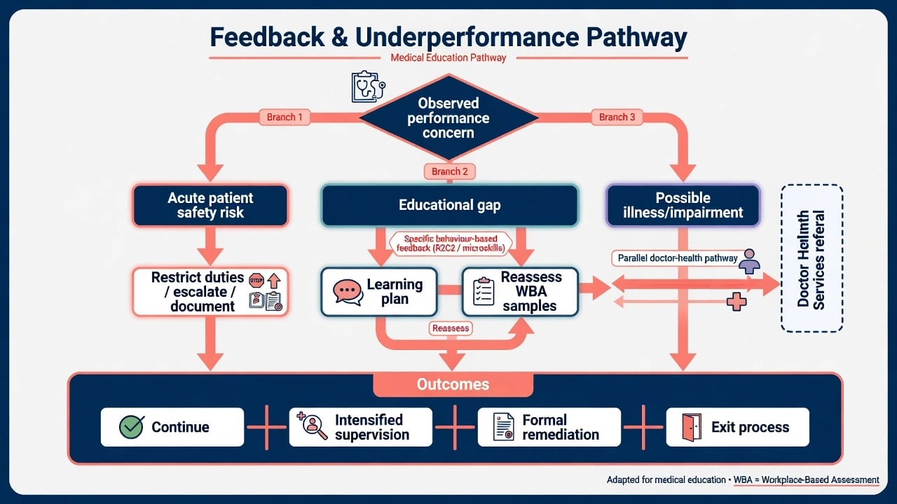 Flowchart for observed performance concern branching to acute safety risk, educational gap with feedback and learning plan, or illness pathway, then outcomes
