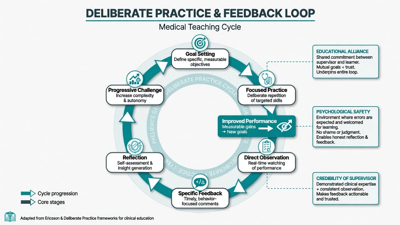 Circular deliberate practice and feedback loop with goal setting, focused practice, observation, feedback, reflection, progressive challenge, and improved performance