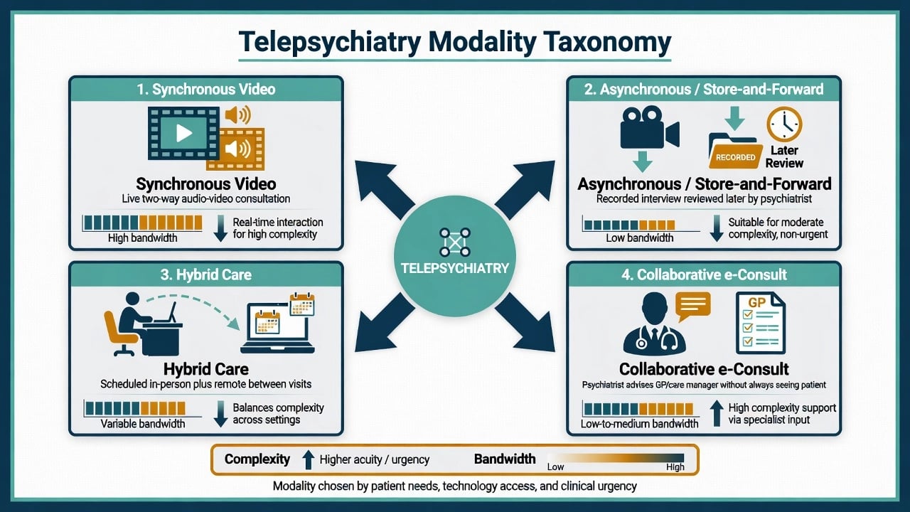 Four-panel telepsychiatry modality taxonomy: synchronous video, asynchronous store-and-forward, hybrid care, and collaborative e-consult