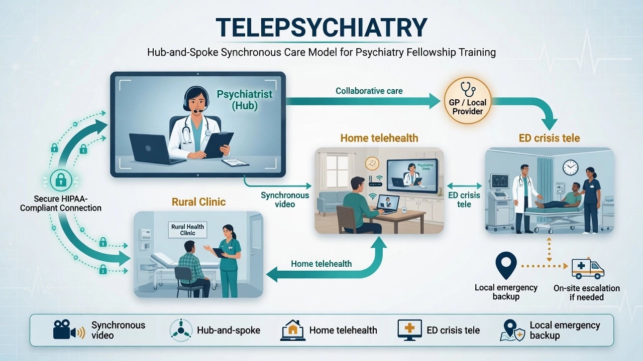Infographic of telepsychiatry hub-and-spoke model linking psychiatrist video hub to rural clinic, home telehealth, ED crisis tele, and GP collaborative care with local emergency backup