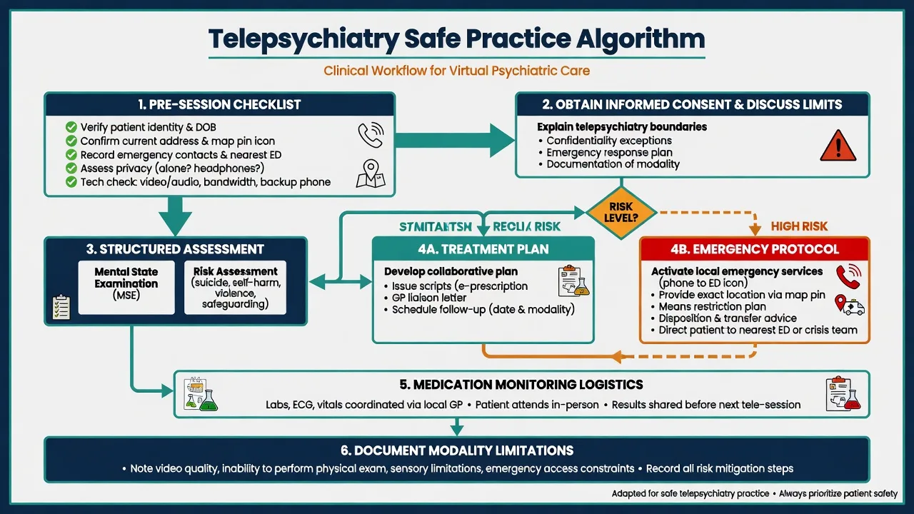 Algorithm for telepsychiatry safe practice from pre-session checklist through risk-stratified treatment plan or emergency protocol and medication monitoring logistics