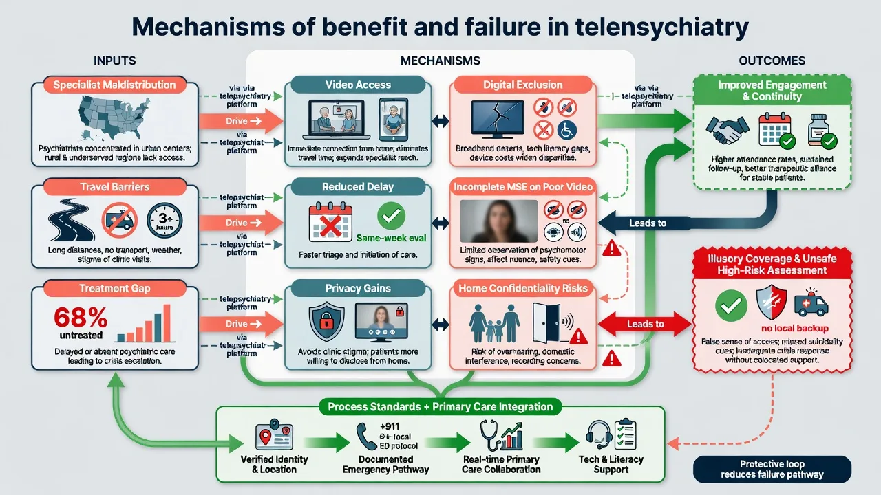 Flowchart of telepsychiatry mechanisms from specialist maldistribution and travel barriers to improved engagement or unsafe illusory coverage, with protective process-standards loop