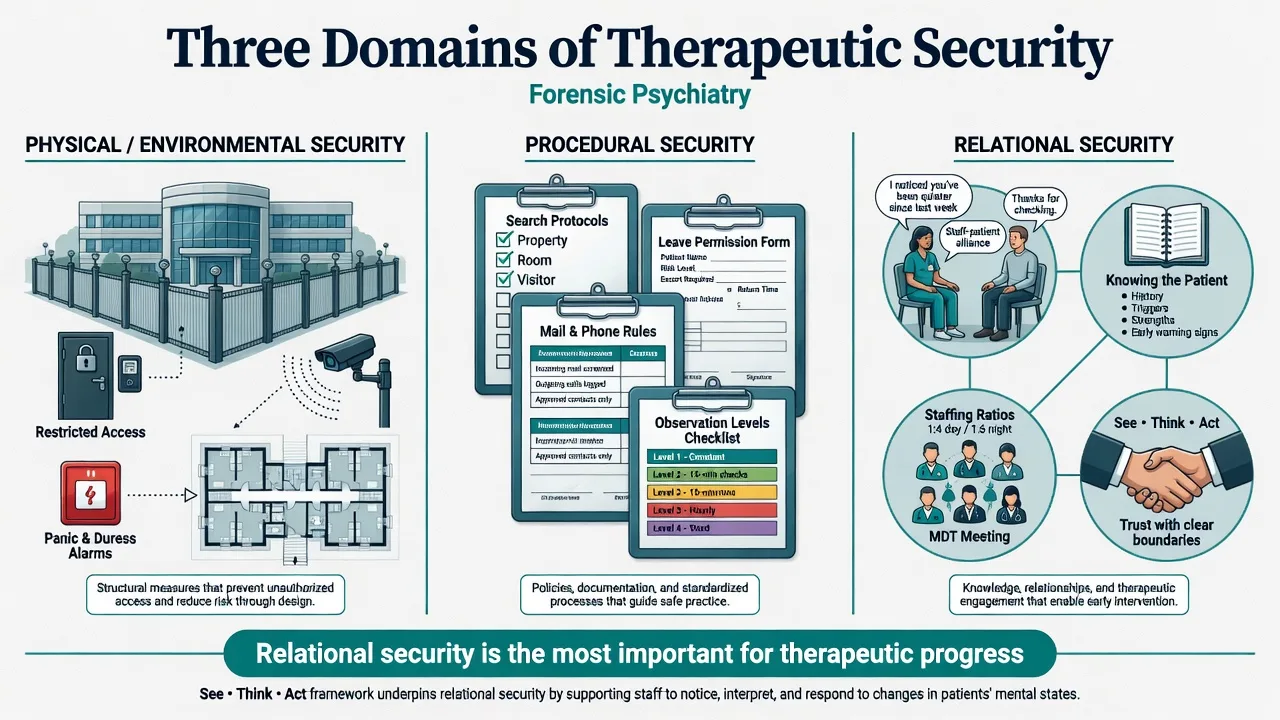 Three-panel diagram of physical procedural and relational security domains in forensic mental health