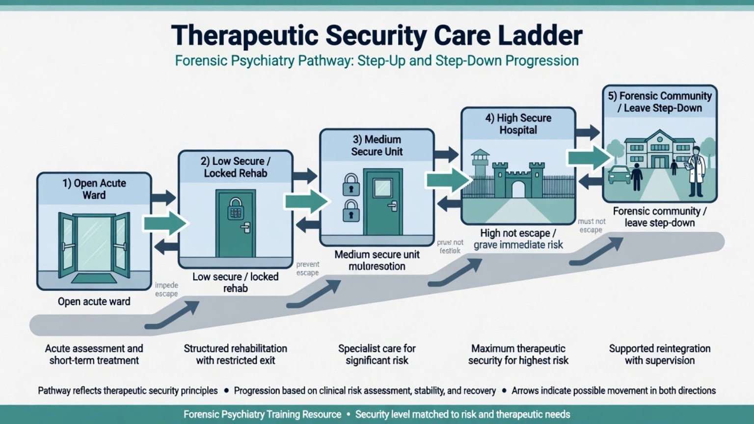 Stratified therapeutic security care ladder from open ward through low medium and high secure to community forensic step-down