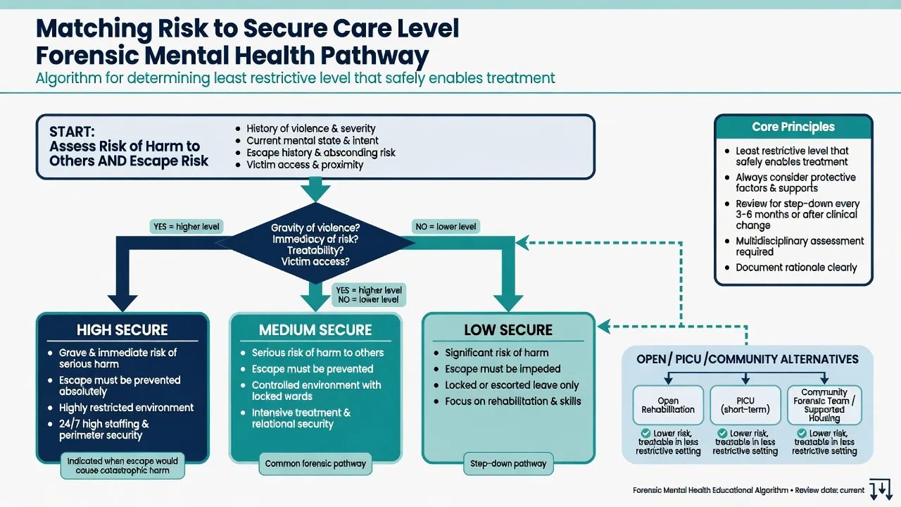 Decision algorithm matching harm and escape risk to high medium low secure or open community care with least restrictive principle